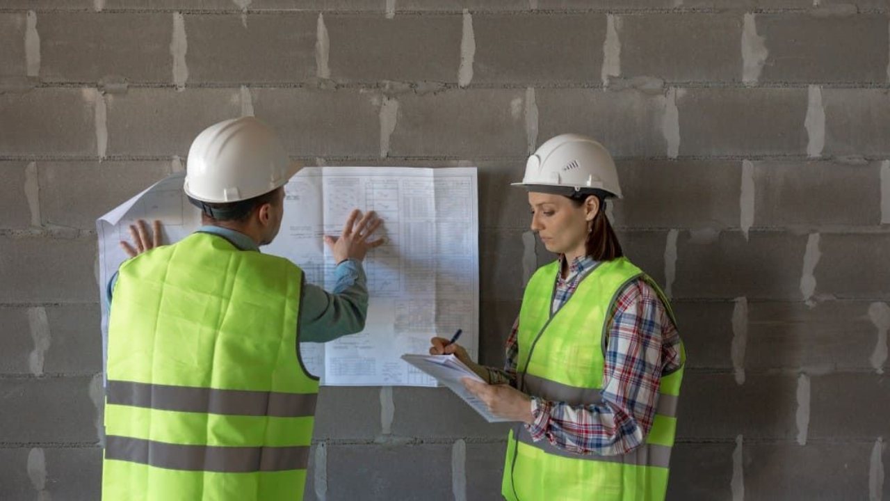 Two contractors reviewing a plan on a job site